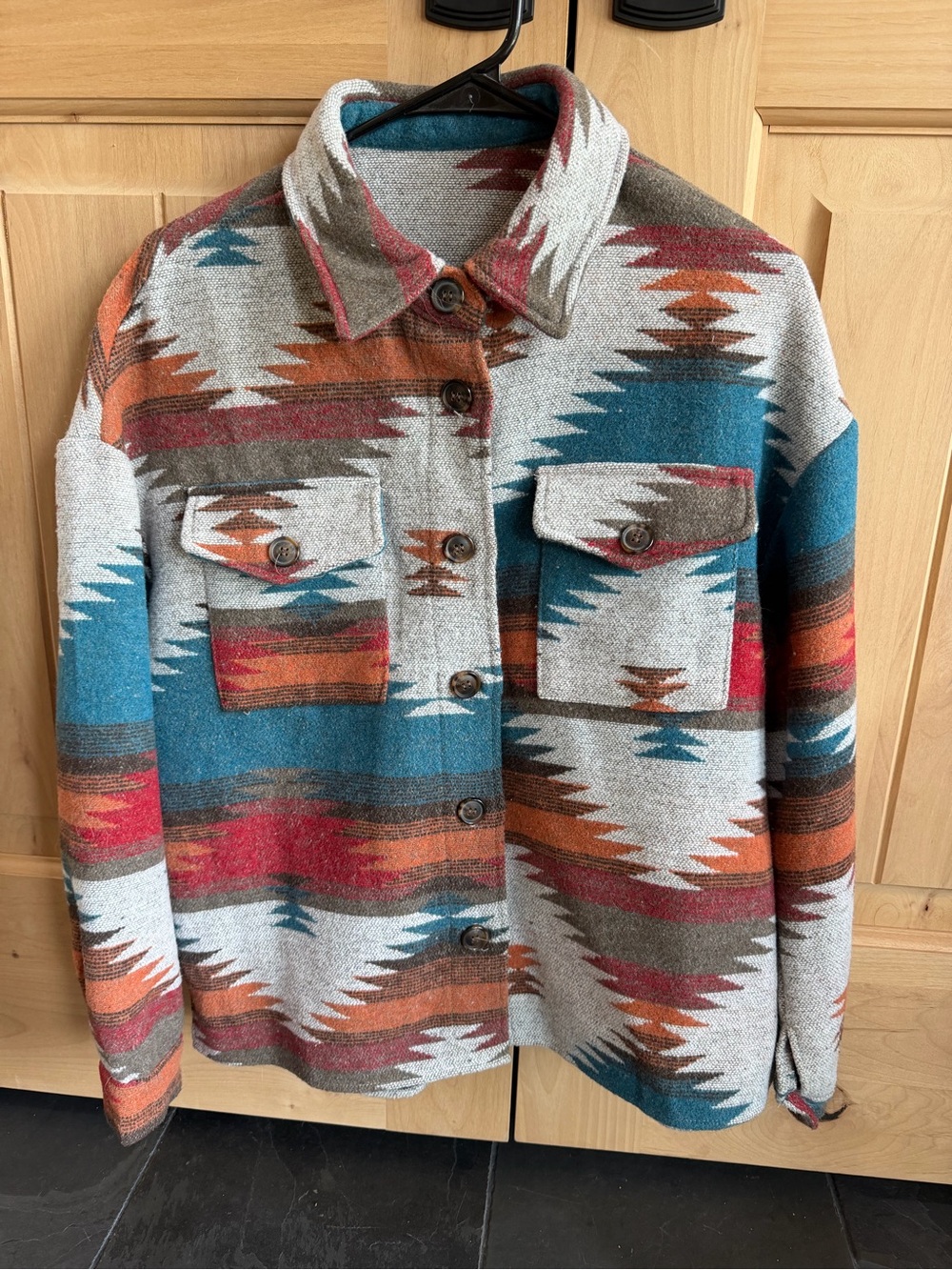 Southwestern Pattern Button-Up Jacket in Teal & Rust